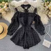 Summer Women's Jumpsuit French Puff Sleeve Net Yarn Polka Dot Fungus Slim and Thin Western Style Pants LL026 210507