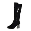 Autumn Knee High Boots Women Crystal Thick Heels Long Zipper Round Toe Shoes Lady Winter Black Big Size 33-43 210517