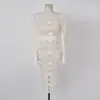 春のエレガントなレースのドレスハイウエストスリム刺繍女性長袖ハーフタートルネックホワイトドレス210514