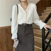 Apricot Stylish V-Neck Slim Shirts Sweet Fashion Sale Female Ruffles Pleated Chic Women All Match Blouses 210525