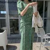 Nomikuma Coreano Chic Elegante Vestito Donna O Collo Manica Corta Verde Abiti Stampati Floreali Coulisse Lace Up Abiti Mujer 210514