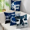 Coussin / Oreiller Décoratif Noël Décoratif Couvre Bleu Taie D'oreiller Blanc Elk Arbre Flocon De Neige Impression Coussins Pour Canapé Coussin De Voiture C