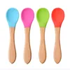 Portable Silicone Spoons Tableware Child Food Wooden Handle Coffee Scoops Baby Training Spoon Home Kitchen Tools 4 Colors