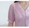 Solid Short Sleeve Chiffon Blosuse Summer Office Lady Shirt Women Tops and Blouses Loose V-neck Pink White Clothing Blusas 9856 210521