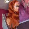 Alta temperatura fibra laranja gengibre cor 13x4 onda corporal lace dianteira perucas pré-arranhadas brasileira ondulada 180% densidade de densidade peruca sintética para as mulheres