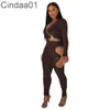 Femmes Rib Knit Survêtements Designer Évider Deux Pièces Pantalon Ensemble Mince Sexy Couleur Unie Col En V Crop Top Chemise Et Leggings Costume 5 Couleurs