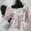 Retro Elegant Stitching Hollow Lace Puff SHIRT SHIRT blouse met borstkussen lente zomer taille riem bloemen dames tops 210420