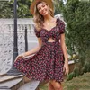 Sexy Kobiety Lato Mini Dress Fahion V-Neck Czarny Kwiatowy Druku Krótki Rękaw Tunika Plaża Party Sundress Kobieta 210421