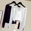 WWENN Sexy Slash Neck Off Shoulder Women Tops Long sleeve T-shirt Female Slim Solid Girls Diamonds Zipper White Shirts 210507