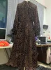 Leopard Print Dress For Women Round Neck Puff Sleeves And Belt High Waist Retro Bow Female Autumn Fashion 210525