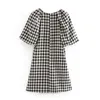 Frauen Plaid Baumwolle Mini Kleider Laterne Kurzarm Casual Knöpfe Sommer V-ausschnitt Urlaub Strand Sommerkleid 210508