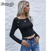 Top corto negro con botones en la parte delantera y cuello redondo para mujer, camisetas de manga larga para primavera y otoño, camiseta recortada informal ajustada para mujer 210510