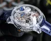 Astronomia Tourbillon Silver Dragon Schweizer Quarz Herrenuhr Pave Piece Einzigartige vollständig transparente Glasuhren mit 3D-Gravur Blaues Leder Super Edition Swisstime A1