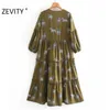 Zevity Kobiety Moda V Neck Zwierząt Druku Pleat Ruffles Casual Midi Sukienka Kobieta Trzy Czwarty Rękaw Chic Vestido DS4623 210603