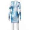 Anjamanor Sexy Tie Dye Onregelmatige Uitsnede Lange Mouwen Bodycon Jurken voor Dames 2021 Mode Club Outfits Mini DRD85-DB20 X0529