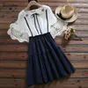 Япония стиль вышивки летнее платье женщины поддельных двух штук с коротким рукавом хлопчатобумажные льняные платья Peter Pan Golog Bowknot Vestidos 210520