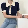 Été coréen tricoté rayé t-shirts tops femmes manches courtes col rabattu boutons t-shirts décontracté mode t-shirts femme 210513