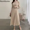 Nomikuma Elegancka Plisowana sukienka Kobiety Slim Talii Mid Calf Dresses Solid Color Color Collar Z Długim Rękawem Vestido Koreański Chic 3d393 210514