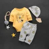 Bebe herfst en winter katoenen leeuw casual 3 stuks set babyjongen leuke bodysuit broek hoed pak peuter kleding 210528