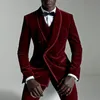 Herrenanzüge Blazer Wein Roter Samt Slim Fit männer mit doppelt breasted prom Wedding Smoking 2021 Fall 3 Stück Männliche Set Anzug Jacke Weste Pfanne