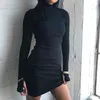 Black Mock Neck Long Sleeve Basic Mini Dresses For Women Casual Stretch Bodycon Lady Short Sheath Pencil Sexy Dress Vintage 210415