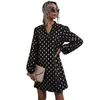 Moda Vintage V-Neck Polka Dot Mini Dress Dla Kobiet Jesień Szyfonowa A-Line Czarny Z Długim Rękawem Sexy Elegancka Dress Full Summer 210508