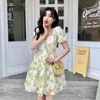 Ezgaga Französisch Stil Blumenkleid Frauen Sommer Neue Mode Kurzarm Schlanke Taille Quadrat Kragen Ballkleid Süße Mini Kleid 210430
