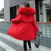 Women's Down Parkas 2021 코튼 라이너 파커 파카 패션 조절 가능한 허리 모피 칼라 겨울 자켓 여성 중간 긴 후드 코트