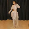 Ribbon Mesh See Through Bodycon Two Piece Set för kvinnor Sexig Clubwear Crop Top och Leggings Matching Sets Födelsedag Outfits Y0625