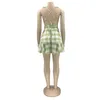 Słodka Dziewczyna Streetwear Green Plaid Drukowane Głębokie V Neck Backless Ruffles Kobiety Sukienki Lato Sexy A-Line Woman Dress 210525