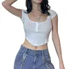 Kvinnor T-shirt Button Slim Fit Hollow Out, Genomskinliga Toppar Kortärmad Square Krage Vit Sommarkläder 210522