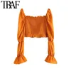 TRAF Kadınlar Tatlı Moda Smocked Ruffled Kırpılmış Bluzlar Vintage Kare Yaka Uzun Kollu Kadın Gömlek Chic Tops 210415
