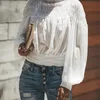 Women Blouse Black White Chiffon Fashion Shirts Stand Collar Lantern Sleeve Vintage High Waist Shirt 210524