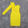 Women'S Summer Sexy One-Shoulder Split Yellow Ruffled Mini Bodycon Bandage Dress Elegant Club Party Vestidos 210525