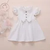 Nouveau 2020 Enfant Enfants Bébé Filles Été Solide Lin Bouton À Volants Manches Courtes Mignon Arc Princesse Robe Robe De Soirée Q0716