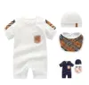 Zomer baby plaid rompertjes + hoeden + slabbetjes baby jongens meisjes korte mouw jumpsuits peuter pasgeborenen onesies kinderen romper 0-24 maanden