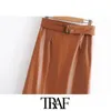 TRAF femmes Chic mode avec ceinture Faux cuir jupe mi-longue Vintage taille haute côté fermeture éclair femme jupes Mujer 210415
