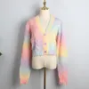 Women's Knits Fall 2022 Luck Rainbow Gradient Knitted Cardigan Button Up Korean Cute Mohair Sweater Cropped Women Crop Knitting Top