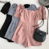 NEPLOE Kobiety Kombinezony Vintage Kwadratowy Neck Wysoka Talia Szeroka noga Playsuit Lato Koreański Słodki Casual Krótki Rękaw Bow Ropa Mujer 210422