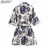 Zevity Women Vintage Short Sleeve Blommigryck Casual Slank tröja Klänning Kvinnlig Chic Single Breasted Sashes Mini Vestidos DS8397 210603