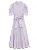 Sweet Puff Short Sleeve Pleated Dresses for Women Chic Bow Design Summer Dress Stand Collar Bandage Vestidos Mujer 210514