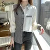 Syiwidii pied-de-poule Satin Blouse femmes bureau dame épissé hauts Patchwork coréen mode vêtements chemise à manches longues Beige 210721