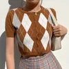 Brown Argyle Knitted Y2K Crop Top Cardigan Women's T-Shirt Summer Short Sleeve Knitwear Button Up Vintage Plaid Tee Shirt 210415