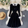 SINGREINY Women Korean Knitted Dress Turn-down Collar Long Sleeve Solid A-line Dress Autumn Winter French Sweet Streetwear Dress 210419