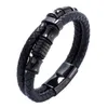 Men's Jewelry Black Stainless Steel Clasp Wristband Fashion Bangle Punk Woven Leather Cord Bracelet Q0719