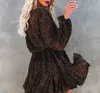 Automne imprimé léopard volants noir à manches longues robe femmes o-cou hiver a-ligne robe Vintage en mousseline de soie robe courte Vestidos 210416