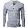 Unique T shirt Men Brand Single Breasted V Neck Long Sleeve Henley Shirt European Fashion Dark Gray Tee Shirt Men T-shirt XXL 210409