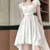 الكورية أنيقة عارضة المرأة الصيف اللباس الإناث مربع طوق خمر نفخة الأكمام غير النظامية الرباط لصق ميدي طويل vestidos 210421