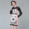 Letnie Runway Design High-End Damska Temperament Mesh Patchwork Drukowane Długie Rękaw Ruffles Retro Dresses 210514