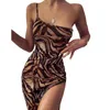 Robes décontractées Bodycon Robe Femme Eye attrapant Split Leopard Print Single Single Street Long For Party Club